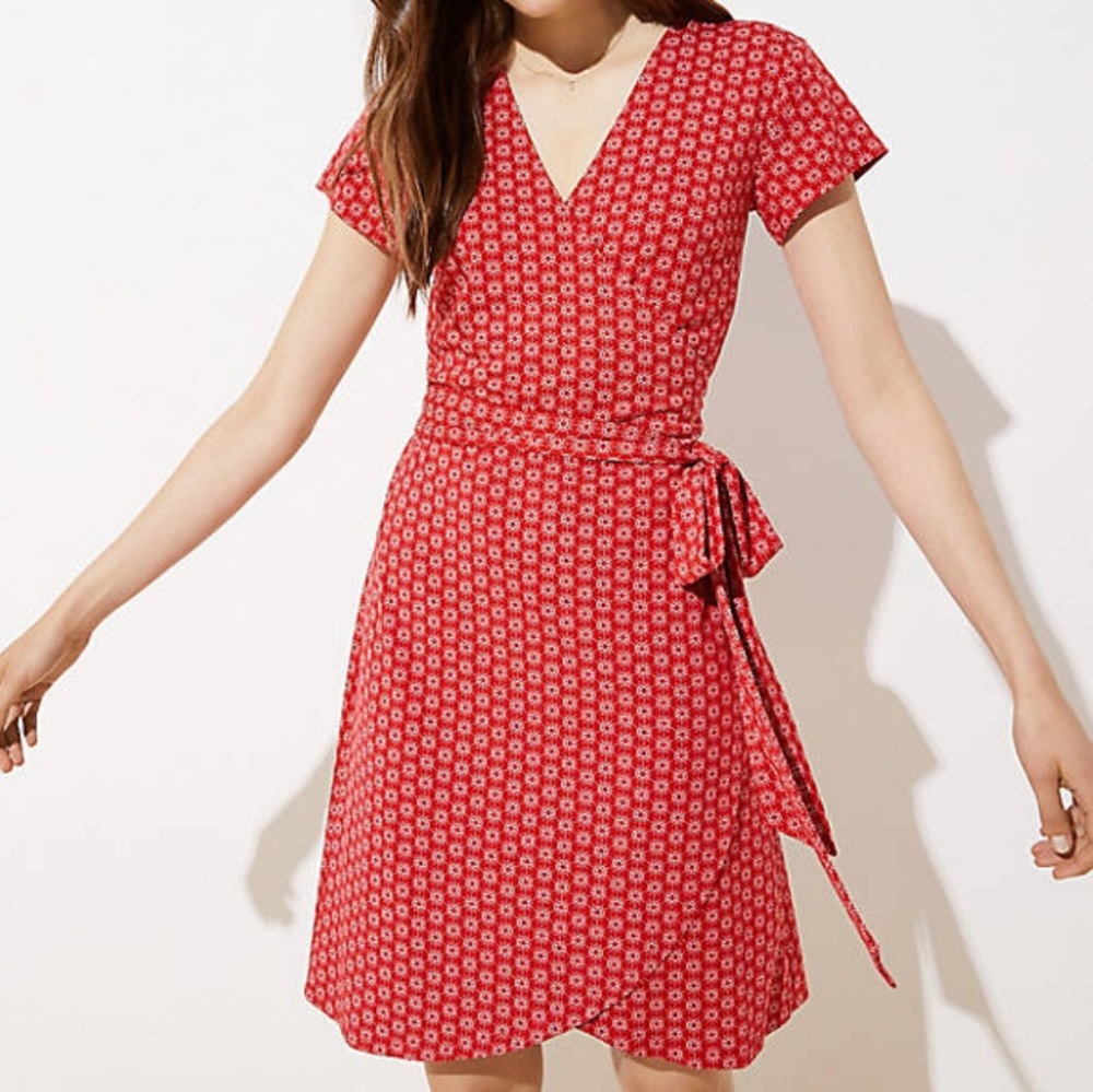 LOFT Red and White Wrap Dress